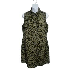 Charmed Hearts Olive Green Leopard Print Sleeveless Snap Front Shirt Dress MD